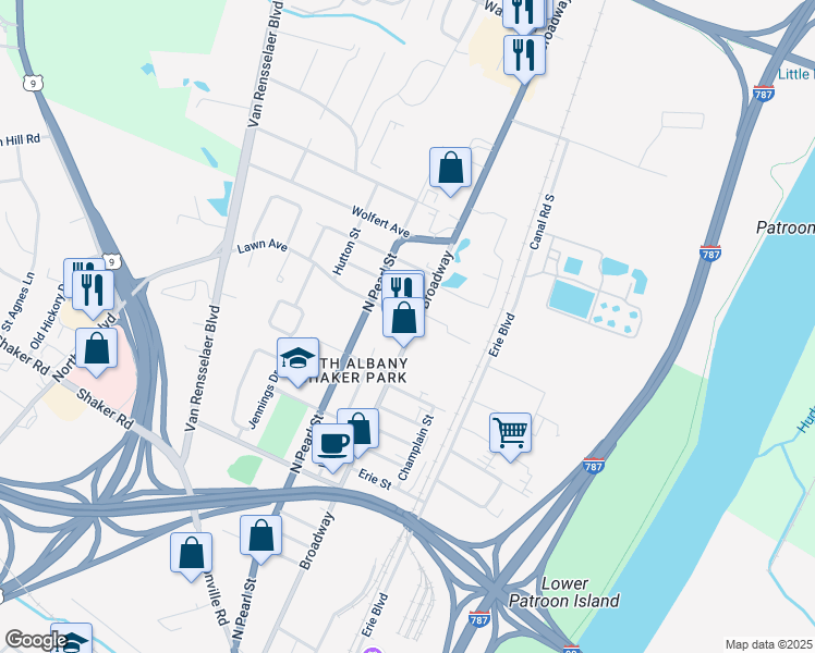 map of restaurants, bars, coffee shops, grocery stores, and more near 6 Lawn Avenue in Albany