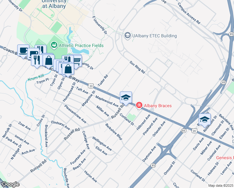 map of restaurants, bars, coffee shops, grocery stores, and more near 1095 Western Avenue in Albany