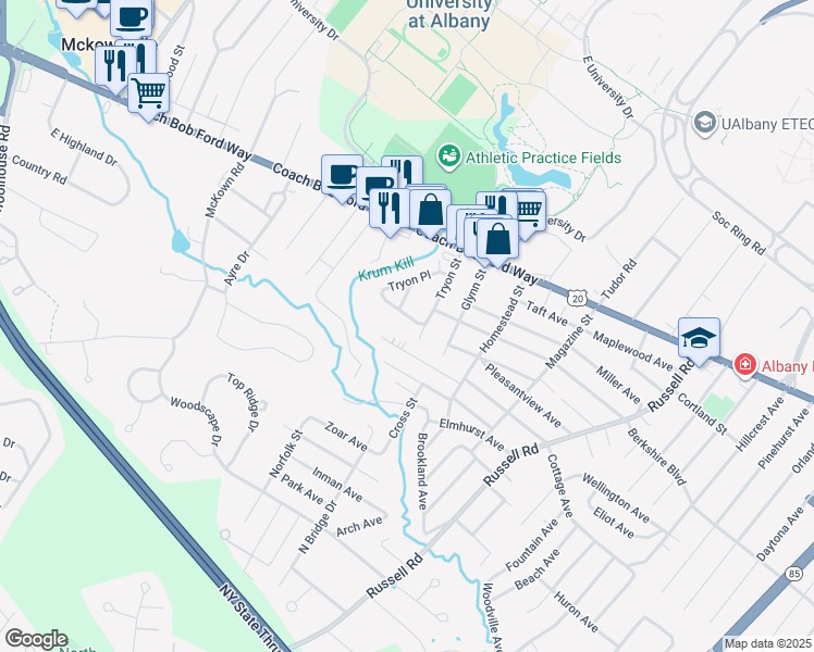 map of restaurants, bars, coffee shops, grocery stores, and more near 63 Orchard Avenue in Albany