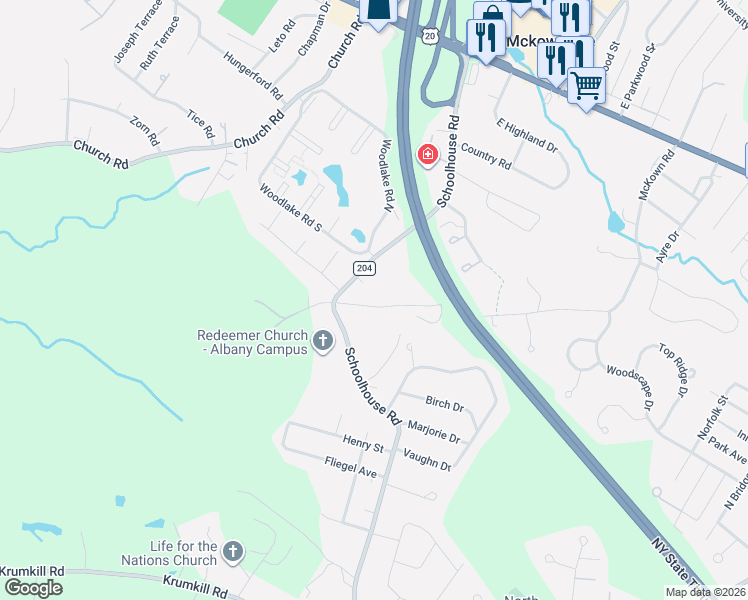 map of restaurants, bars, coffee shops, grocery stores, and more near 107 West McKown Road in Albany