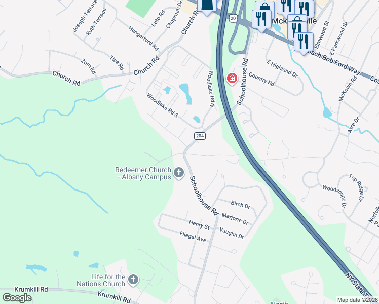 map of restaurants, bars, coffee shops, grocery stores, and more near 148 Schoolhouse Road in Albany