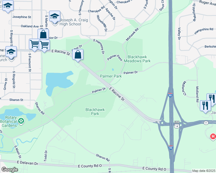 map of restaurants, bars, coffee shops, grocery stores, and more near 2135-2399 Palmer Drive in Janesville