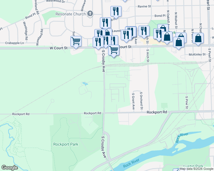 map of restaurants, bars, coffee shops, grocery stores, and more near 2412 Johnson Street in Janesville