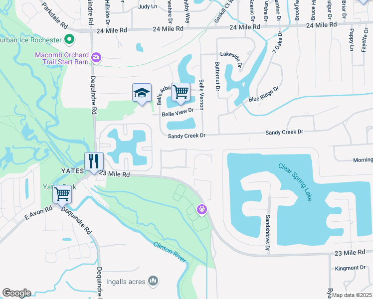 map of restaurants, bars, coffee shops, grocery stores, and more near Kentwood Drive in Shelby Charter Township