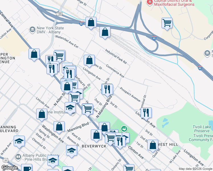 map of restaurants, bars, coffee shops, grocery stores, and more near 29 Rawson Street in Albany