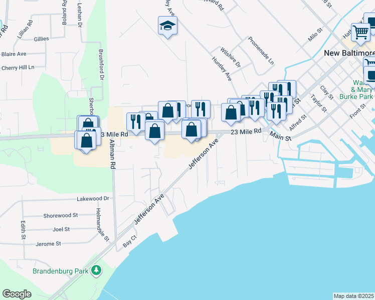 map of restaurants, bars, coffee shops, grocery stores, and more near 35292 23 Mile Road in New Baltimore