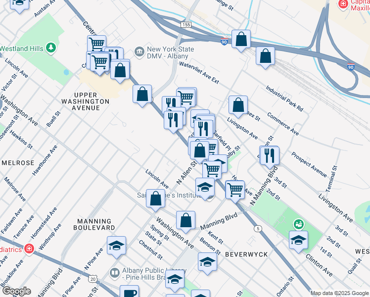 map of restaurants, bars, coffee shops, grocery stores, and more near 690 Central Avenue in Albany