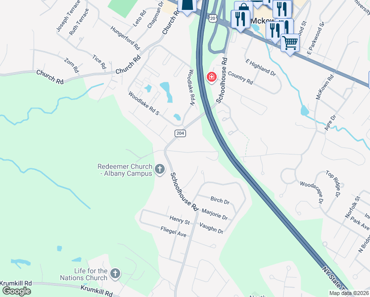 map of restaurants, bars, coffee shops, grocery stores, and more near 107 West McKown Road in Albany