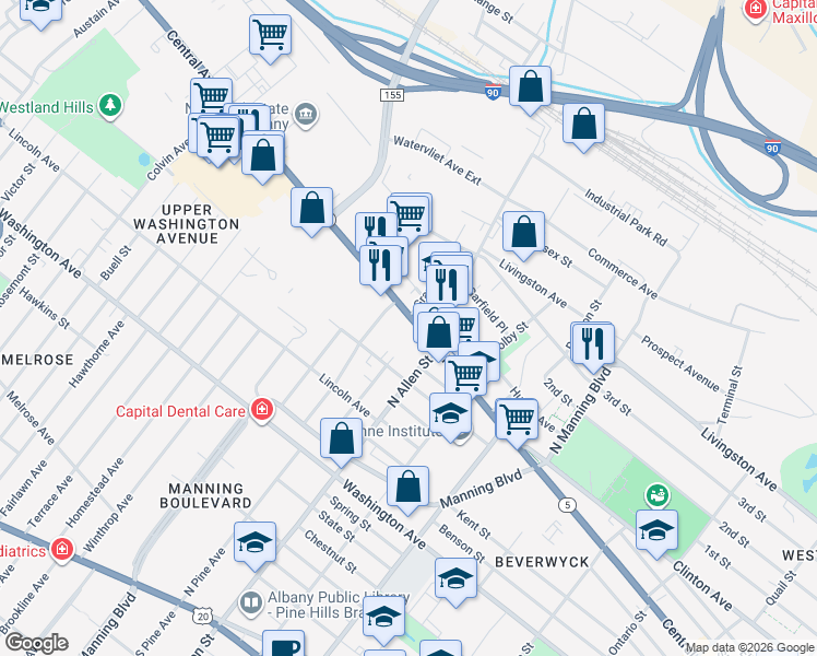 map of restaurants, bars, coffee shops, grocery stores, and more near 688 Central Avenue in Albany