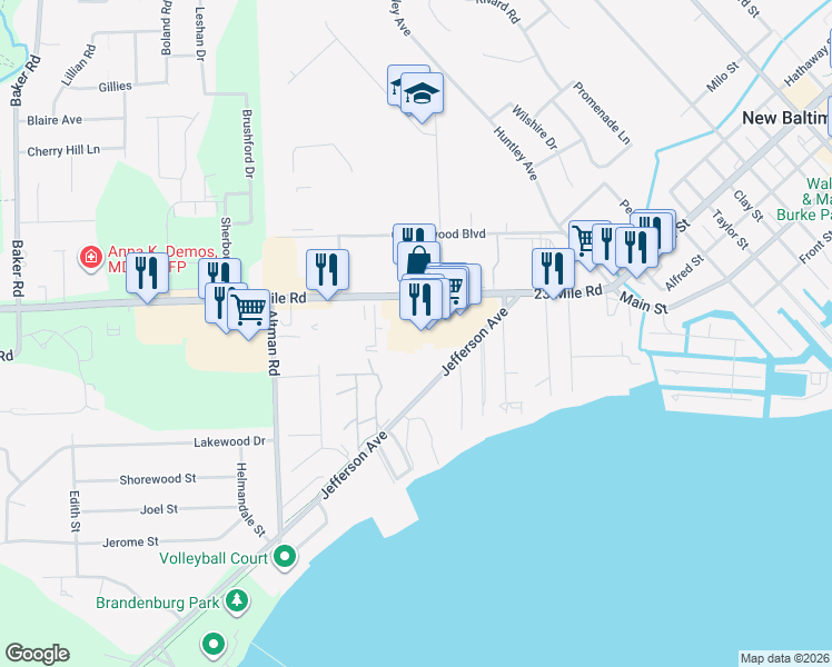 map of restaurants, bars, coffee shops, grocery stores, and more near 35248 23 Mile Road in New Baltimore