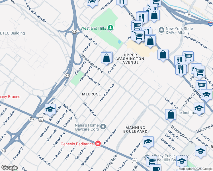 map of restaurants, bars, coffee shops, grocery stores, and more near 87 Edgewood Avenue in Albany