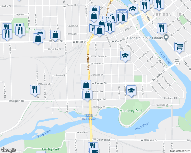 map of restaurants, bars, coffee shops, grocery stores, and more near 402 Linn Street in Janesville