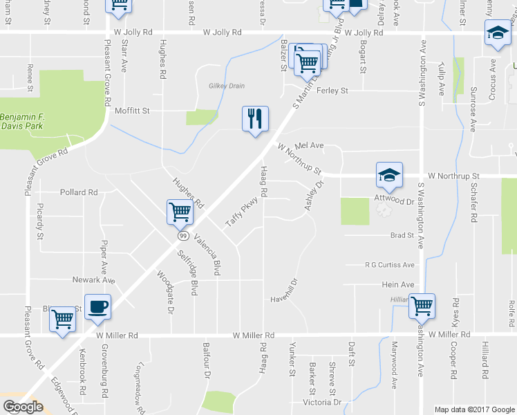 map of restaurants, bars, coffee shops, grocery stores, and more near 5716 Haag Road in Lansing