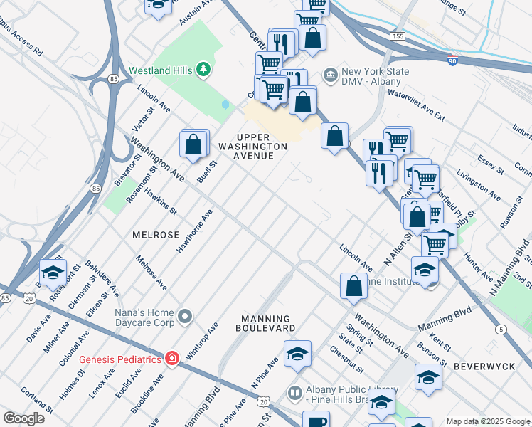 map of restaurants, bars, coffee shops, grocery stores, and more near 12 Ver Planck Street in Albany