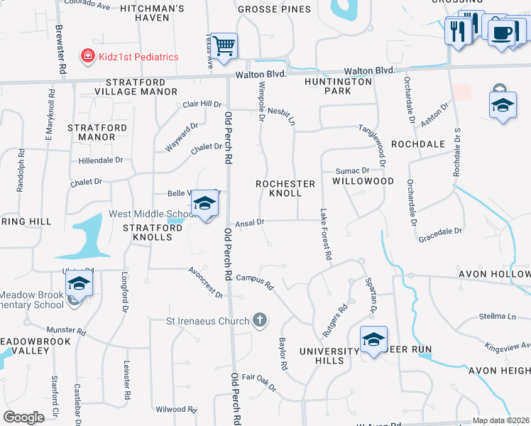 map of restaurants, bars, coffee shops, grocery stores, and more near 395 Wimpole Drive in Rochester Hills