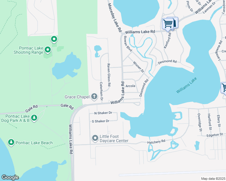 map of restaurants, bars, coffee shops, grocery stores, and more near 2638 Raven Glass Road in Waterford Township