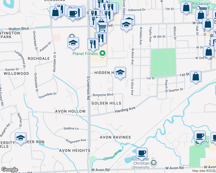 map of restaurants, bars, coffee shops, grocery stores, and more near 424 Willow Grove Lane in Rochester Hills