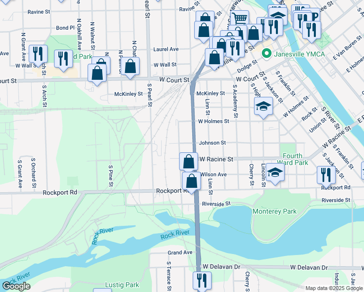 map of restaurants, bars, coffee shops, grocery stores, and more near 1021 Johnson Street in Janesville