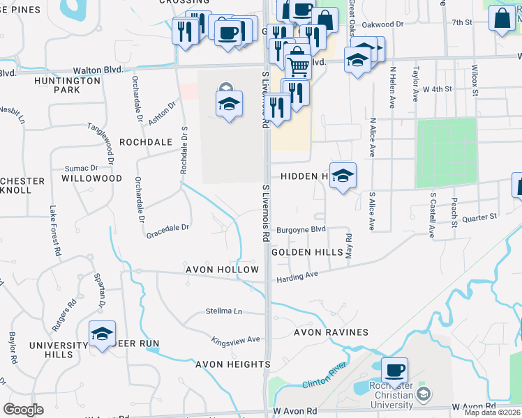 map of restaurants, bars, coffee shops, grocery stores, and more near 468 Timberlea Drive in Rochester Hills