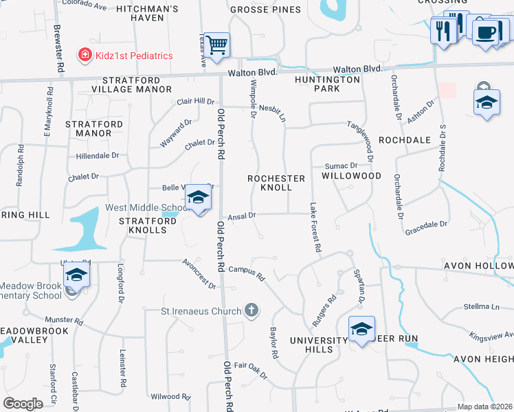 map of restaurants, bars, coffee shops, grocery stores, and more near 395 Wimpole Drive in Rochester Hills