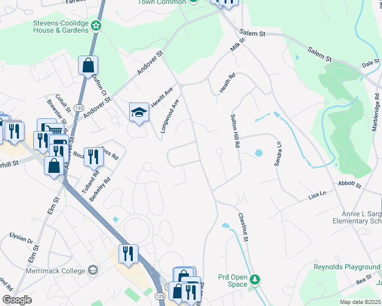 map of restaurants, bars, coffee shops, grocery stores, and more near 169 Chestnut Street in North Andover