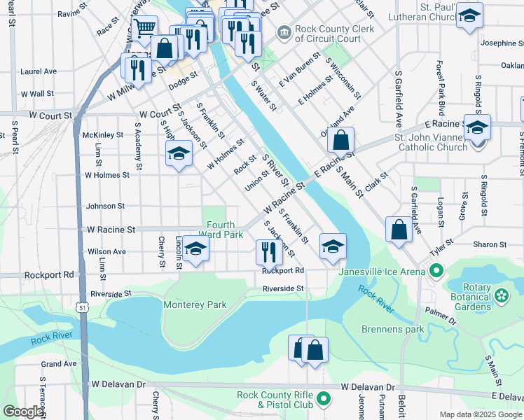 map of restaurants, bars, coffee shops, grocery stores, and more near 437 South Jackson Street in Janesville