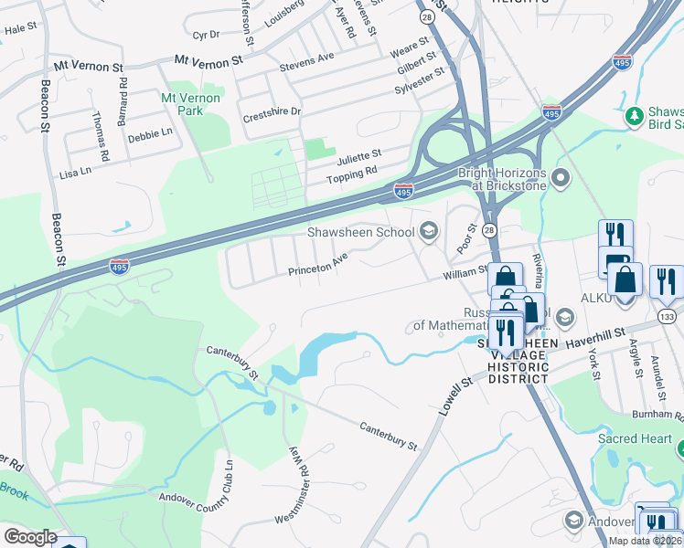 map of restaurants, bars, coffee shops, grocery stores, and more near 10 Dartmouth Road in Andover