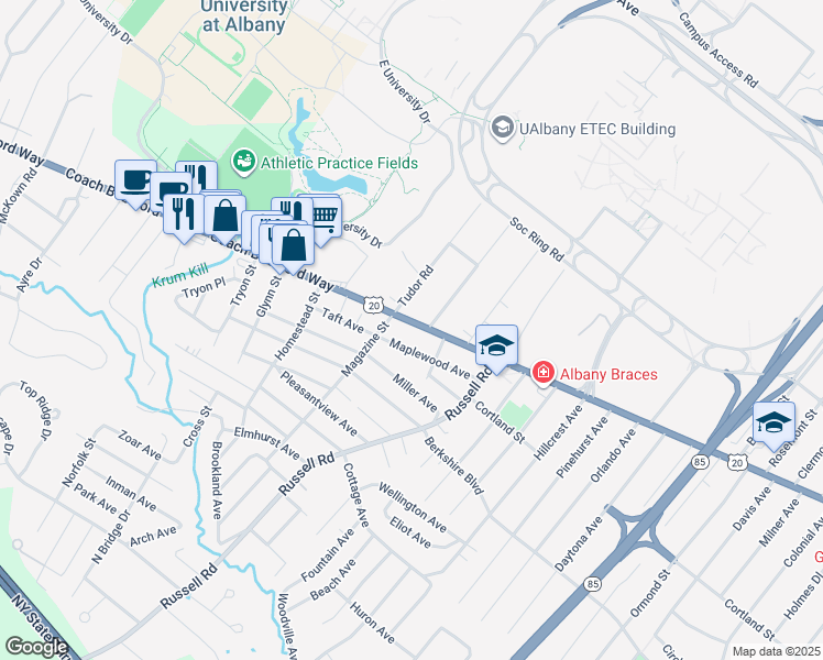 map of restaurants, bars, coffee shops, grocery stores, and more near 1110 Western Avenue in Albany