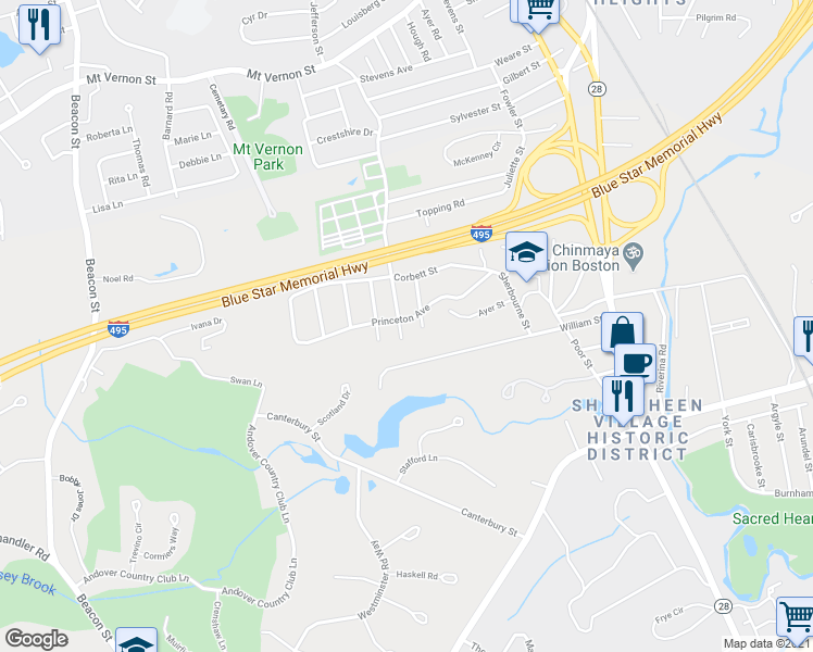 map of restaurants, bars, coffee shops, grocery stores, and more near 9 George Street in Andover