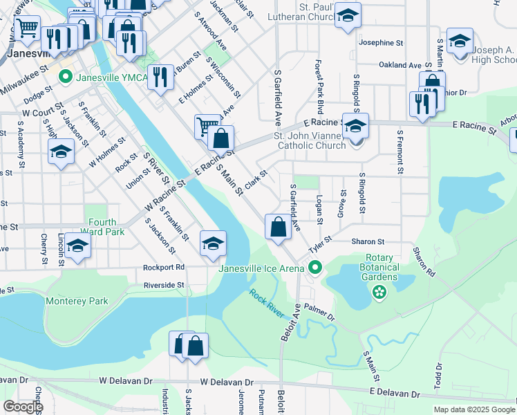 map of restaurants, bars, coffee shops, grocery stores, and more near 633 South Main Street in Janesville