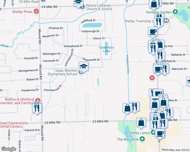 map of restaurants, bars, coffee shops, grocery stores, and more near 51800 Colonial Drive in Macomb County