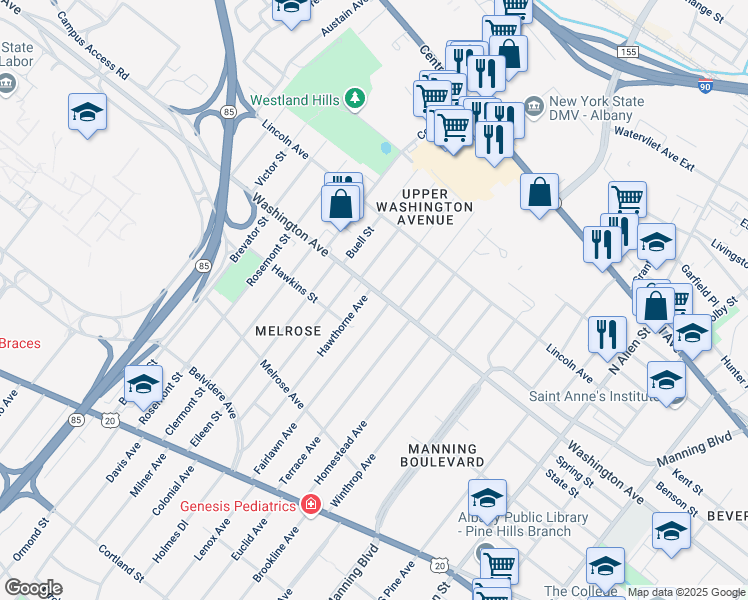 map of restaurants, bars, coffee shops, grocery stores, and more near 1024 Washington Avenue in Albany