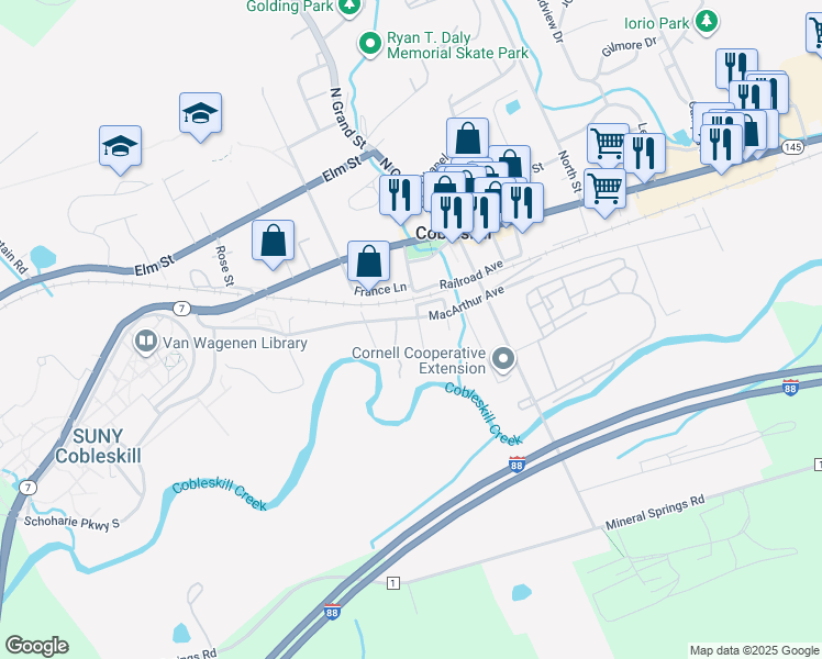 map of restaurants, bars, coffee shops, grocery stores, and more near 104 Grove Street in Cobleskill