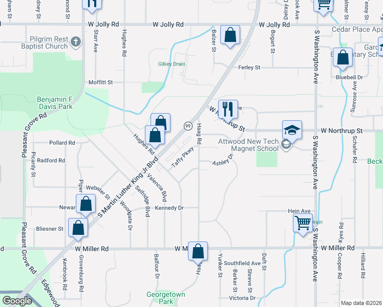 map of restaurants, bars, coffee shops, grocery stores, and more near 5716 Haag Road in Lansing