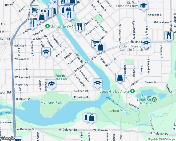 map of restaurants, bars, coffee shops, grocery stores, and more near 555 South River Street in Janesville