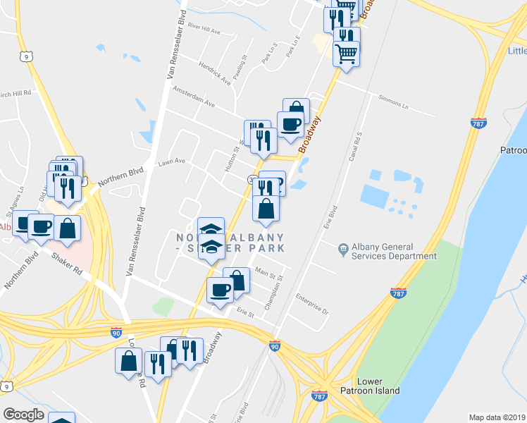 map of restaurants, bars, coffee shops, grocery stores, and more near 6 Lawn Avenue in Albany