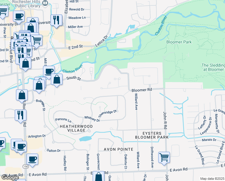 map of restaurants, bars, coffee shops, grocery stores, and more near 540 Bloomer Ridge Drive in Rochester Hills