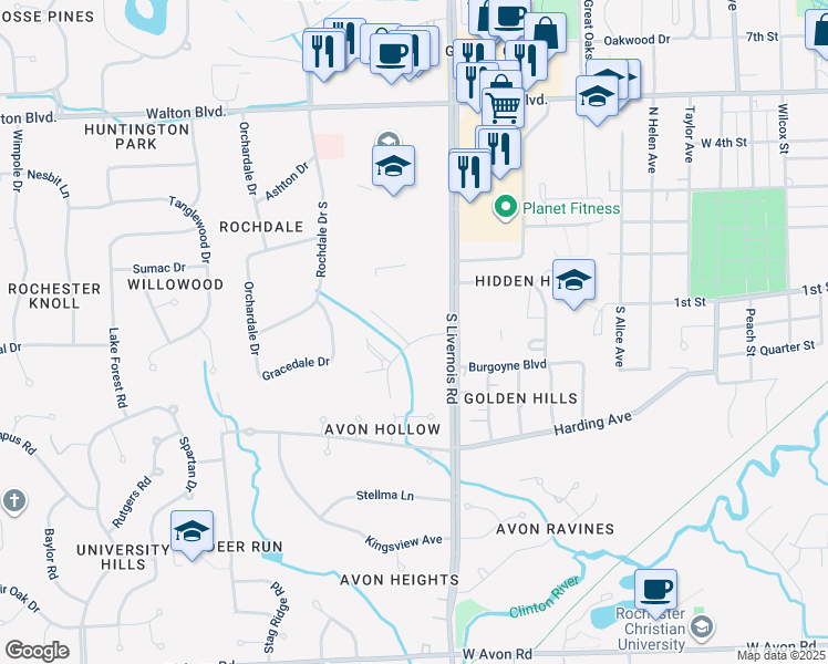 map of restaurants, bars, coffee shops, grocery stores, and more near 416 Timberlea Drive in Rochester Hills