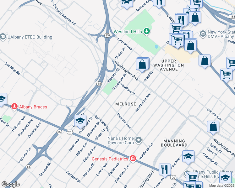 map of restaurants, bars, coffee shops, grocery stores, and more near 102 Clermont Street in Albany