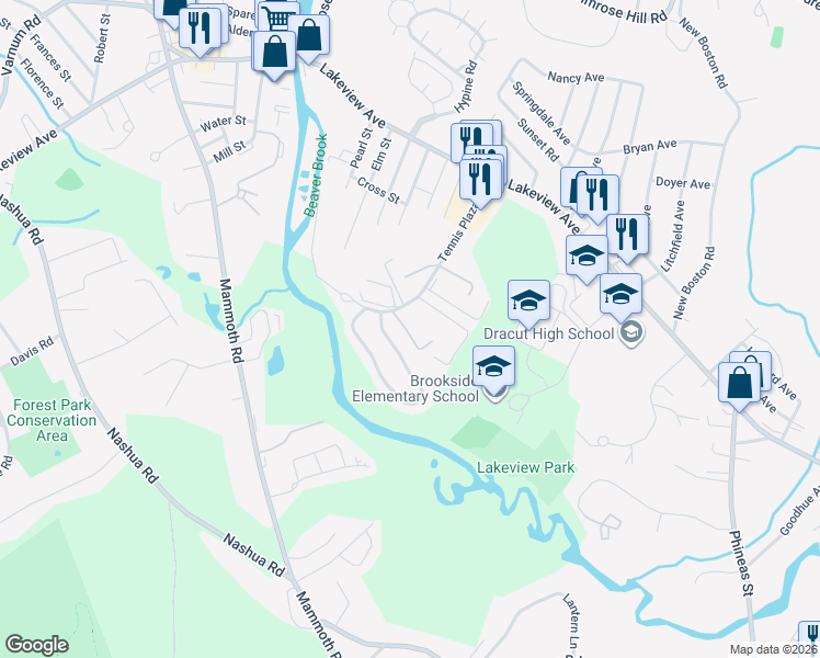 map of restaurants, bars, coffee shops, grocery stores, and more near 94 Tennis Plaza Road in Dracut