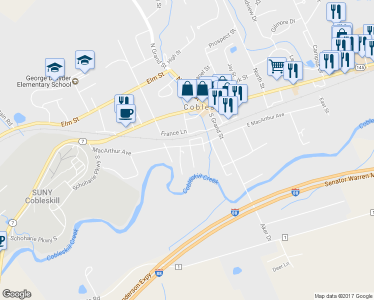 map of restaurants, bars, coffee shops, grocery stores, and more near 104 Grove St in Cobleskill