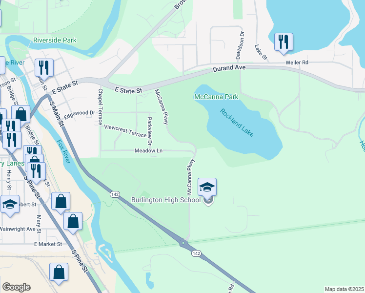 map of restaurants, bars, coffee shops, grocery stores, and more near 724 Meadow Lane in Burlington
