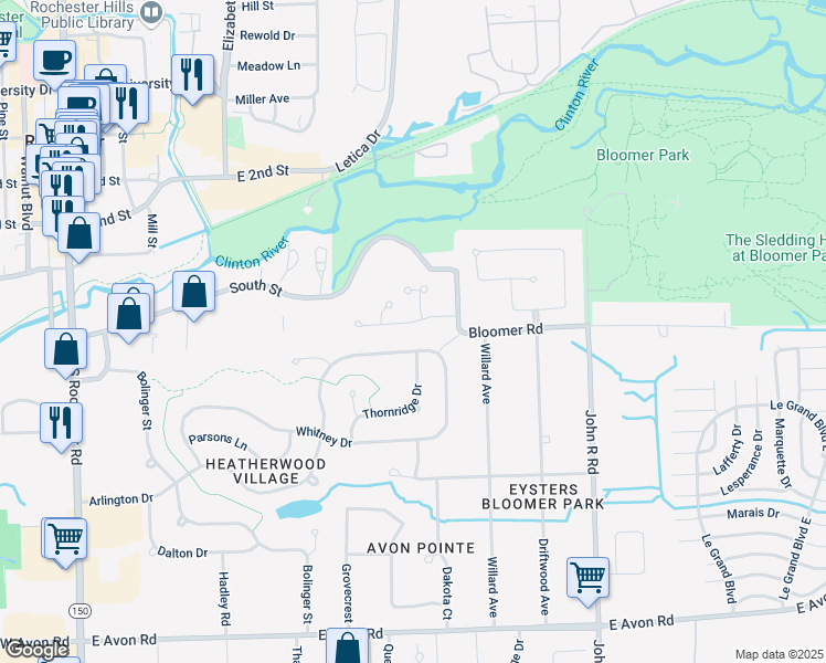 map of restaurants, bars, coffee shops, grocery stores, and more near 540 Bloomer Ridge Drive in Rochester Hills