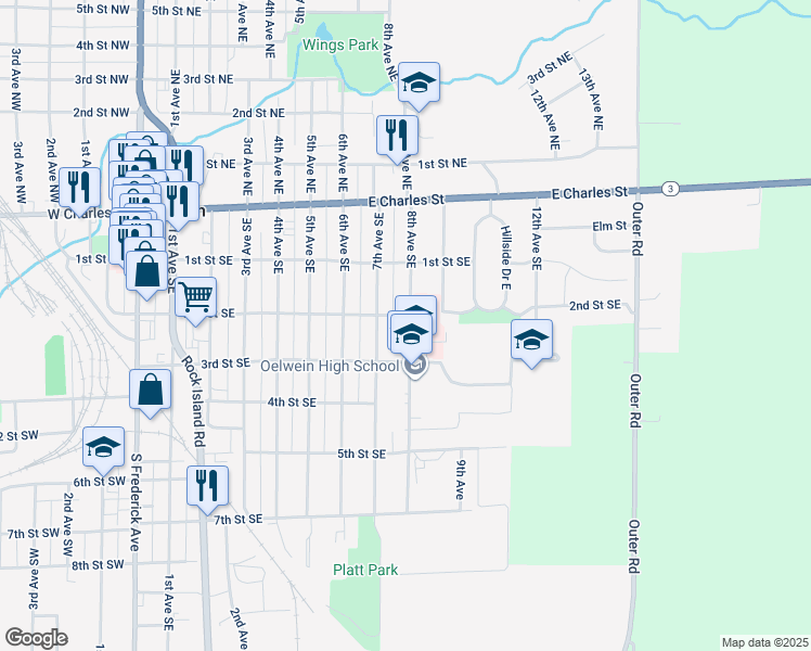 map of restaurants, bars, coffee shops, grocery stores, and more near 299 7th Avenue Southeast in Oelwein