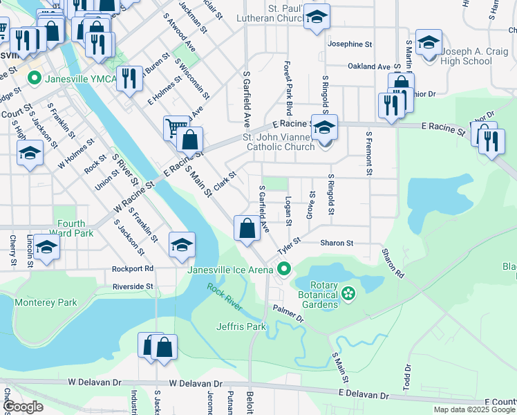 map of restaurants, bars, coffee shops, grocery stores, and more near 1050 Carrington Street in Janesville