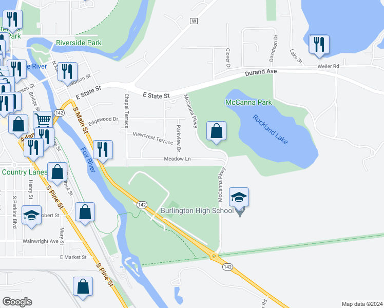 map of restaurants, bars, coffee shops, grocery stores, and more near 700 Meadow Lane in Burlington