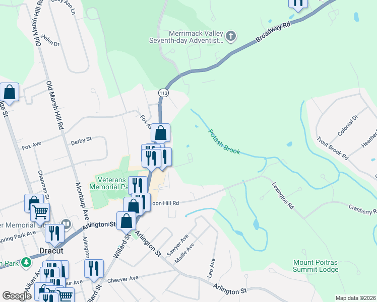 map of restaurants, bars, coffee shops, grocery stores, and more near 60 Elvino Florry Drive in Dracut