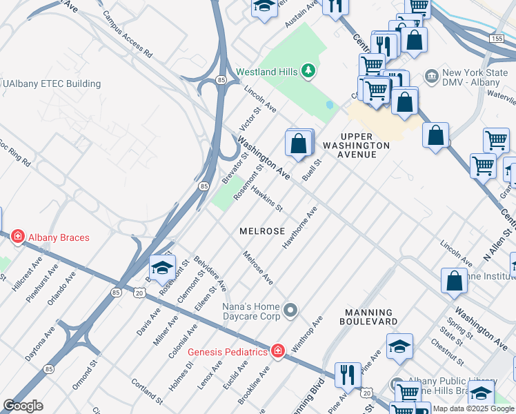 map of restaurants, bars, coffee shops, grocery stores, and more near 102 Clermont Street in Albany