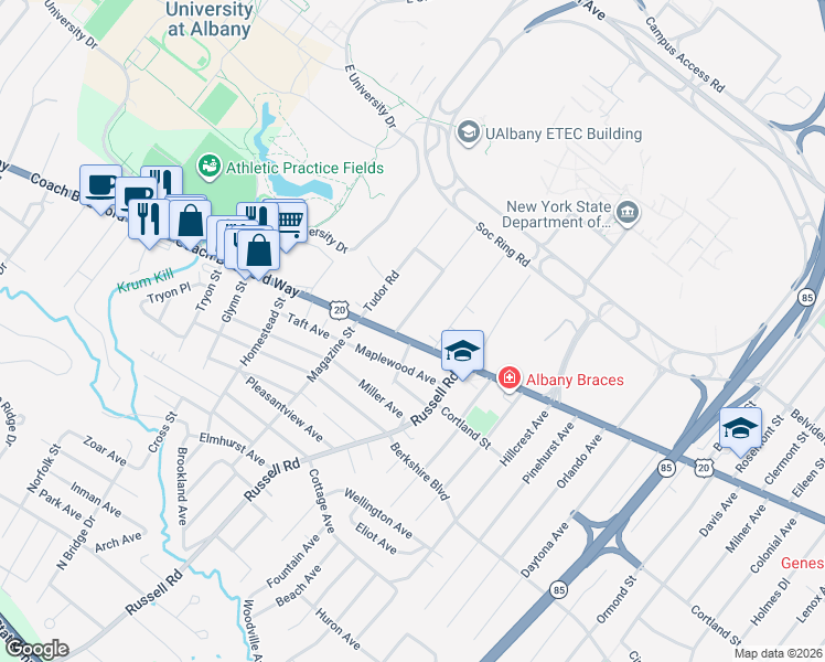 map of restaurants, bars, coffee shops, grocery stores, and more near 1095 Western Avenue in Albany