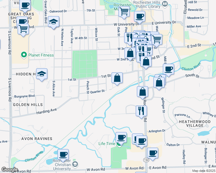 map of restaurants, bars, coffee shops, grocery stores, and more near 221 Hacker Street in Rochester
